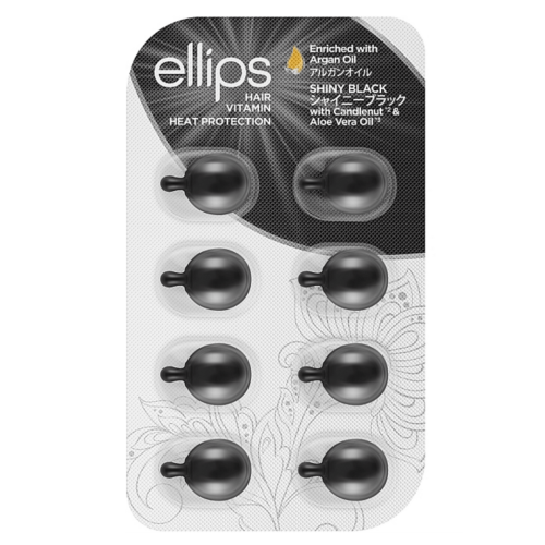 ELLIPS - SHINY BLACK WITH KEMERI & ALOE VERA OIL - Вітаміни для волосся «НІЧНЕ СЯЙВО» з фундуком і олією алое вера - 8шт