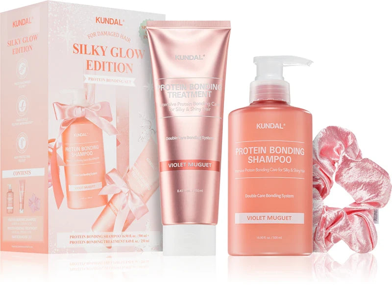 Kundal - Набір для пошкодженного волосся - Holiday Silk Glow Edition Protein Bonding Care Set Violet Muguet Shampoo &Treatment - 500 мл/250мл