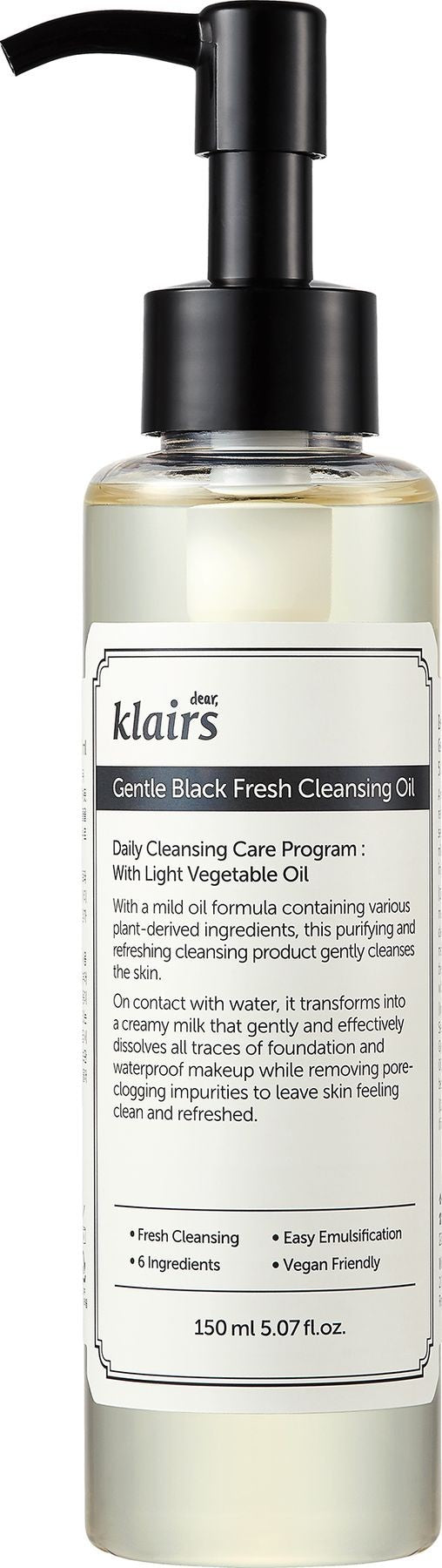 Dear, Klairs - Gentle Black Fresh Cleansing Oil - Гідрофільна олія для чутливої ​​та реактивної шкіри, 150 мл.